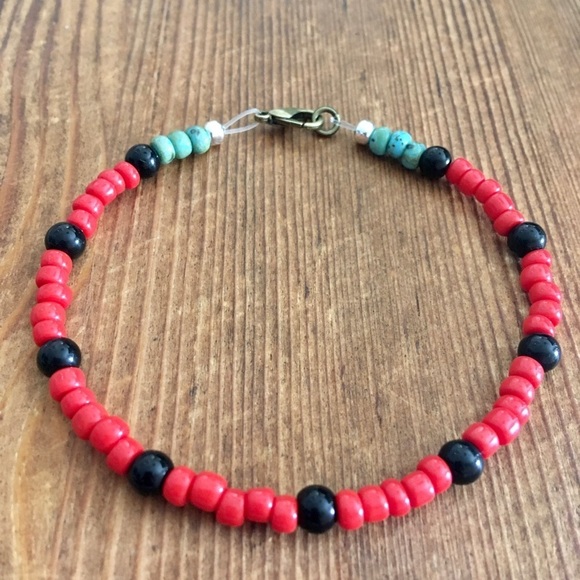 Red and Black Beaded Men's Bracelet, Handmade Men's Bracelet ,  Men's Jewelry - Picture 5 of 7